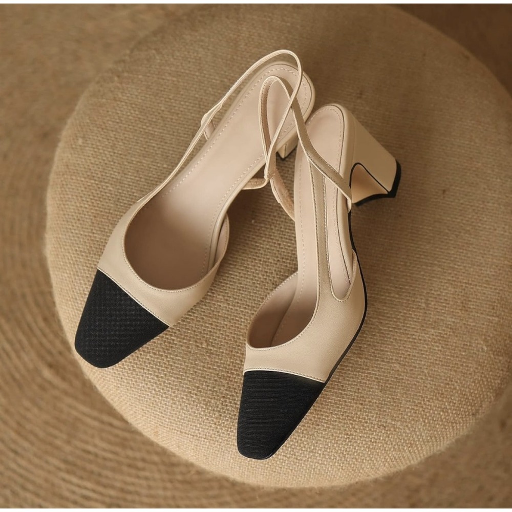Two Tone Cap Toe Slingback Pumps Beige Black Block Heel Vero Cuoio Size 245 7.5